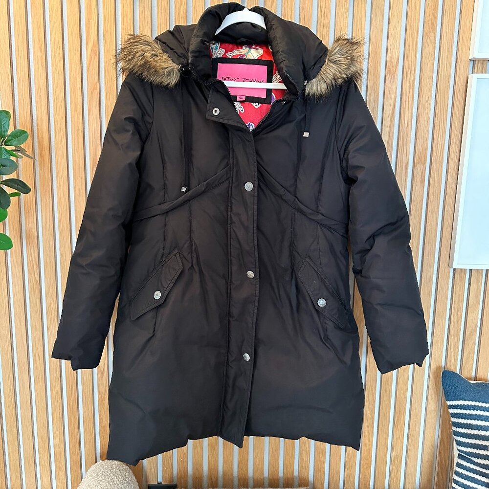 Betsy Johnson Black Faux Fur Hooded Puffer